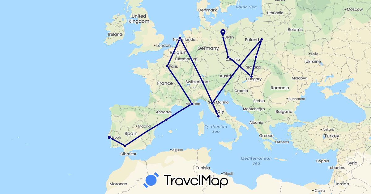 TravelMap itinerary: driving in Czech Republic, Germany, Spain, France, Hungary, Italy, Netherlands, Poland, Portugal (Europe)